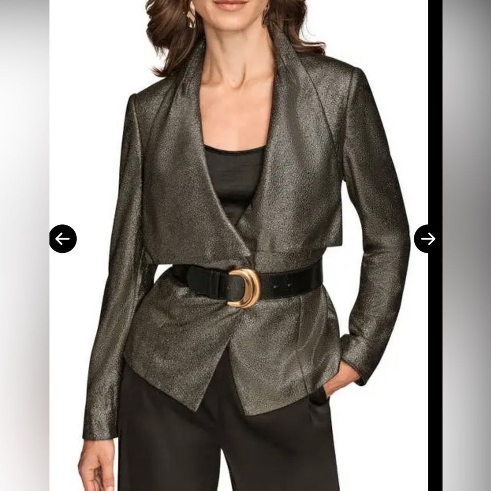 DONNAKARAN Metallic Gray Women's Draped Blazer Jacket